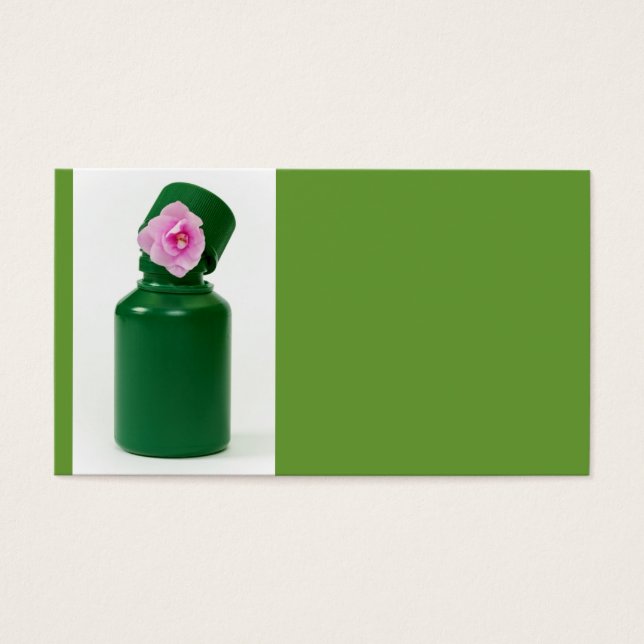 liten grönt flaska och rosa blomma visitkort (Framsidan)