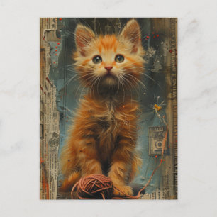 Liten Gulorange Kattunge Garn Collage Blandad Tekn Vykort
