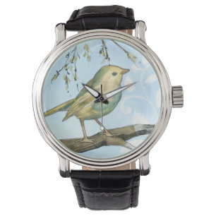 Liten Gult Bird Perched on a Gren Tittar upp Armbandsur