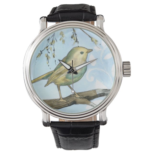 Liten Gult Bird Perched on a Gren Tittar upp Armbandsur (Framsida)