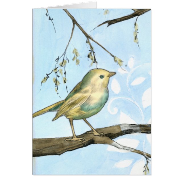 Liten Gult Bird Perched on a Gren Tittar upp Hälsningskort (Framsidan)