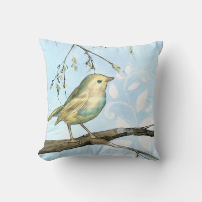 Liten Gult Bird Perched on a Gren Tittar upp Kudde (Framsida)