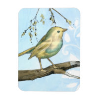 Liten Gult Bird Perched on a Gren Tittar upp