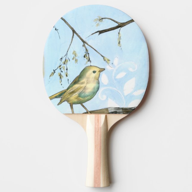 Liten Gult Bird Perched on a Gren Tittar upp Pingisracket (Framsidan)