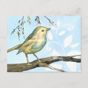 Liten Gult Bird Perched on a Gren Tittar upp Vykort