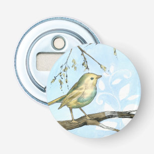 Liten Gult Bird Pery på ett Gren Tittar Flasköppnare