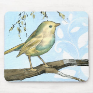 Liten Gult Bird Pery på ett Gren Tittar Musmatta