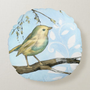 Liten Gult Bird Pery på ett Gren Tittar Rund Kudde