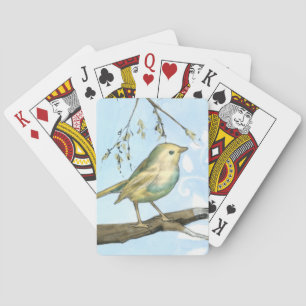 Liten Gult Bird Pery på ett Gren Tittar Spelkort