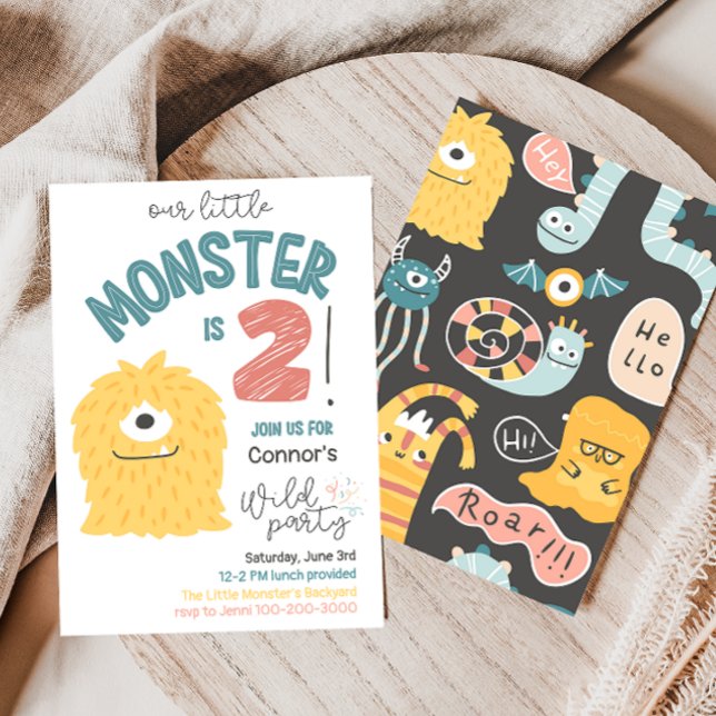 Liten Gult Monster 2:a födelsedagsinbjudan Inbjudningar (Skapare uppladdad)
