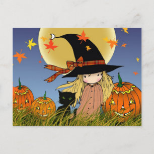 Liten Halloween-häxa och katt-kort Vykort