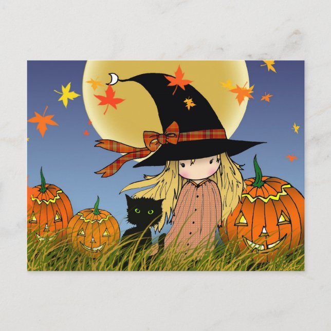 Liten Halloween-häxa och katt-kort Vykort (Framsida)