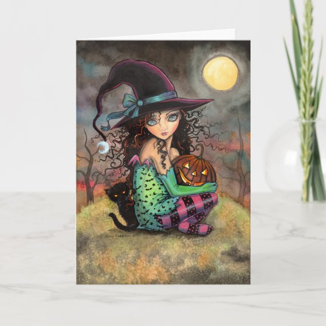 Liten Halloween-häxa och svart katt-kort Kort (Framsida)