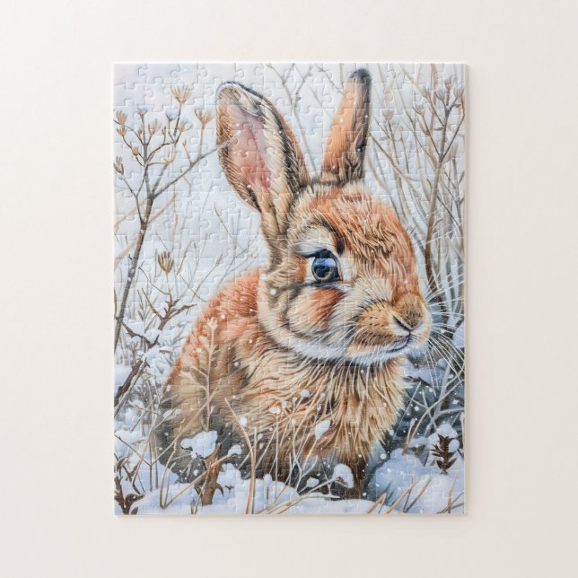 Liten hare i snöfält. Kanin Pussel (Vertikal)