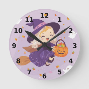 Liten häxa flygande Halloween-klocka Rund Klocka