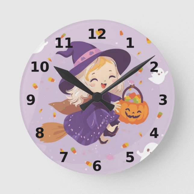 Liten häxa flygande Halloween-klocka Rund Klocka (Framsida)