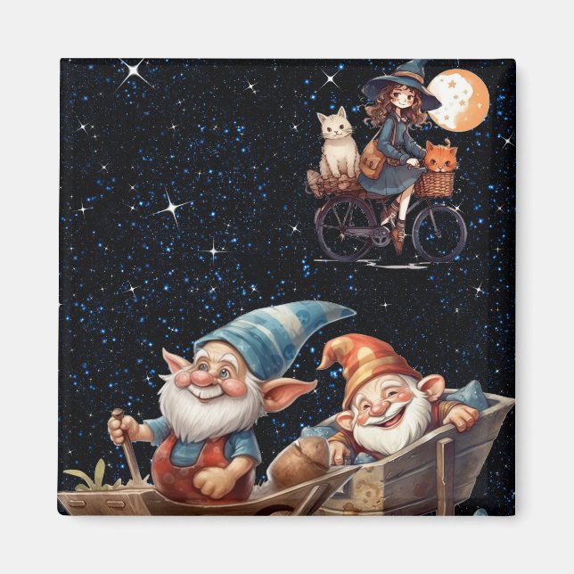 Liten häxa & Glad tomte i stjärnklar natt Magnet (Framsidan)