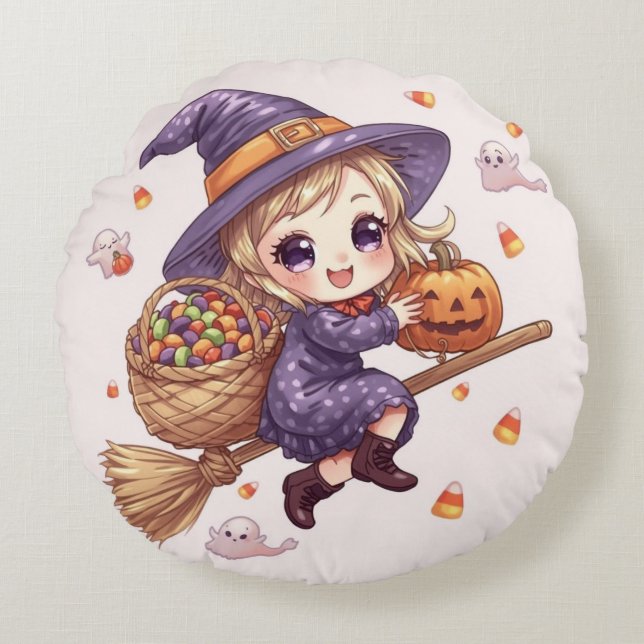 Liten häxa med pumpa rund kudde (Framsidan)