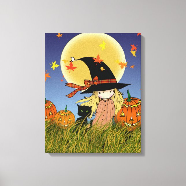 Liten häxa med svart katt Halloween Canvastryck (Framsida)