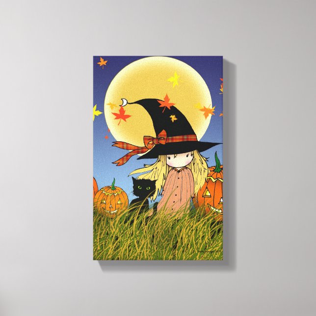 Liten häxa med svart katt Halloween Canvastryck (Framsida)