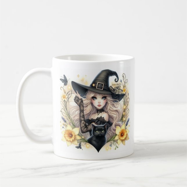 Liten häxa med svart katt  påskliljor Kaffe kopp (Vänster)