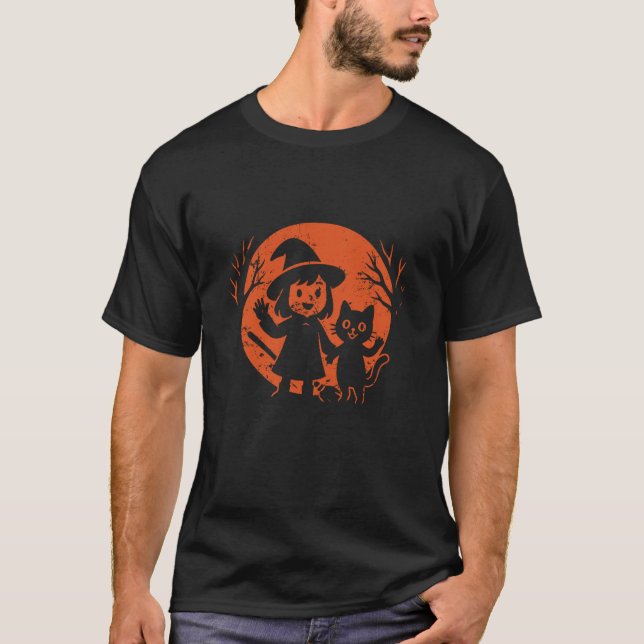 Liten häxa och katt Halloween-måne T Shirt (Framsida)