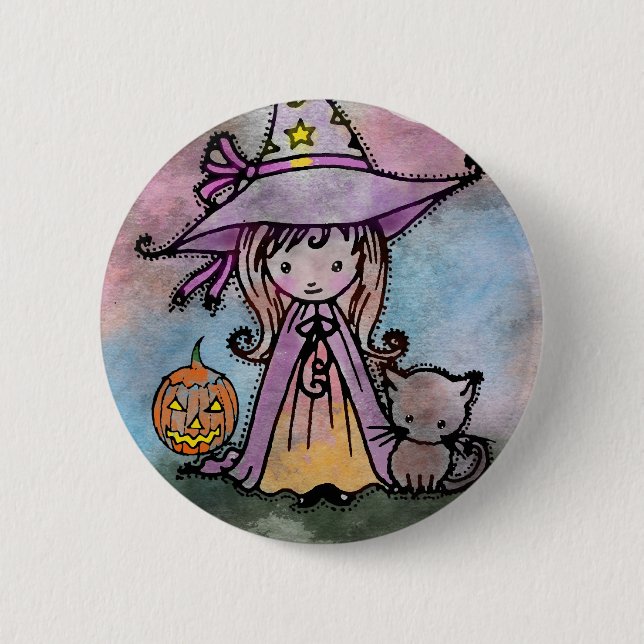 Liten häxa och katt Halloween Pinback-knapp Knapp (Framsida)