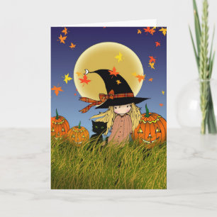 Liten häxa och svart katt Halloween-kort Kort