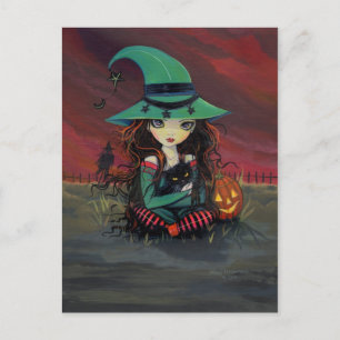 Liten häxa och svart katt Halloween vykort