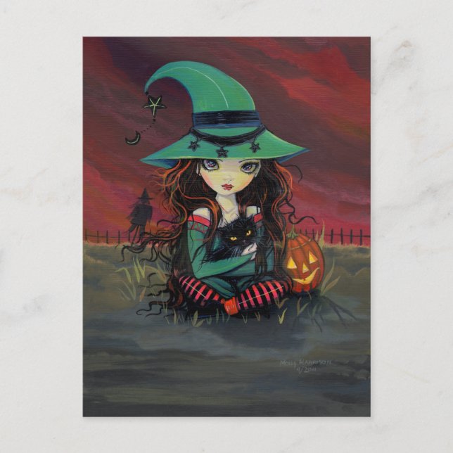 Liten häxa och svart katt Halloween vykort (Framsida)