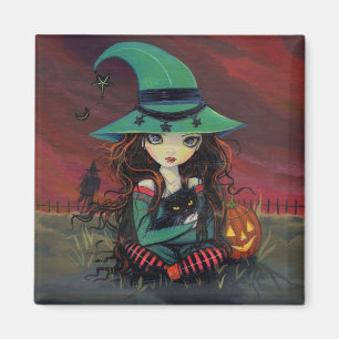 Liten häxa och svart katt Halloweenmagnet Magnet