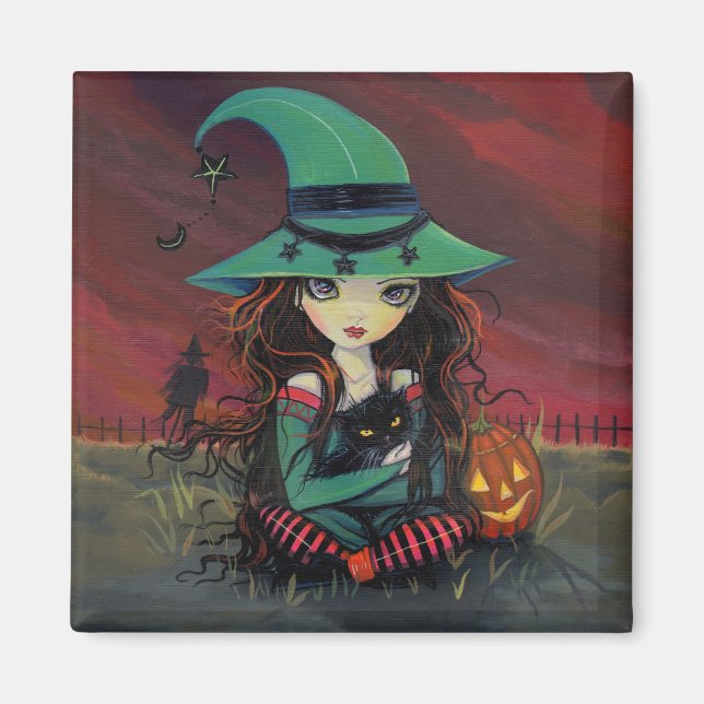 Liten häxa och svart katt Halloweenmagnet Magnet (Framsidan)