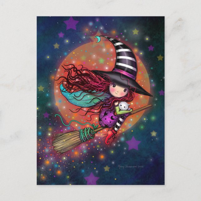 Liten häxa på kvast med sin katt vykort (Framsida)