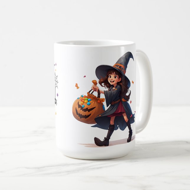 Liten häxa som bär godispumpa för Halloween  Kaffemugg (Framsida höger)