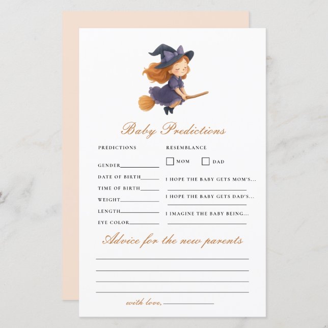 Liten Häxas Babyshower Spådom Rådspel (Fram/baksida)