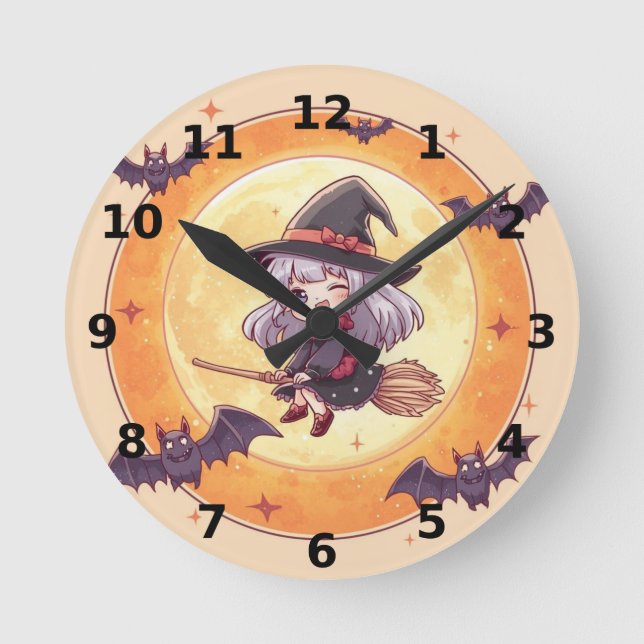 Liten häxhalloween-väggklocka rund klocka (Framsida)