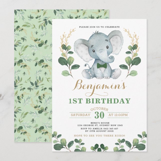 Liten hertigman Elephant Greenery Guld födelsedag Inbjudningar (Fram/baksida)