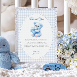 Liten hjärta blå gingham nalle baby shower inbjudningar