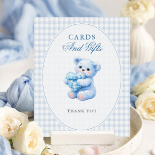 Liten hjärta blå gingham nalle baby shower poster