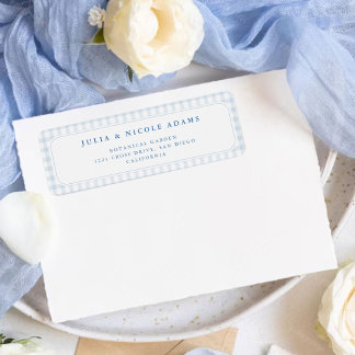 Liten hjärta blå gingham nalle baby shower returadress etikett