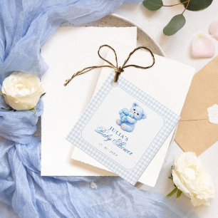 Liten hjärta blå gingham nallebabyshower gåvor etiketter