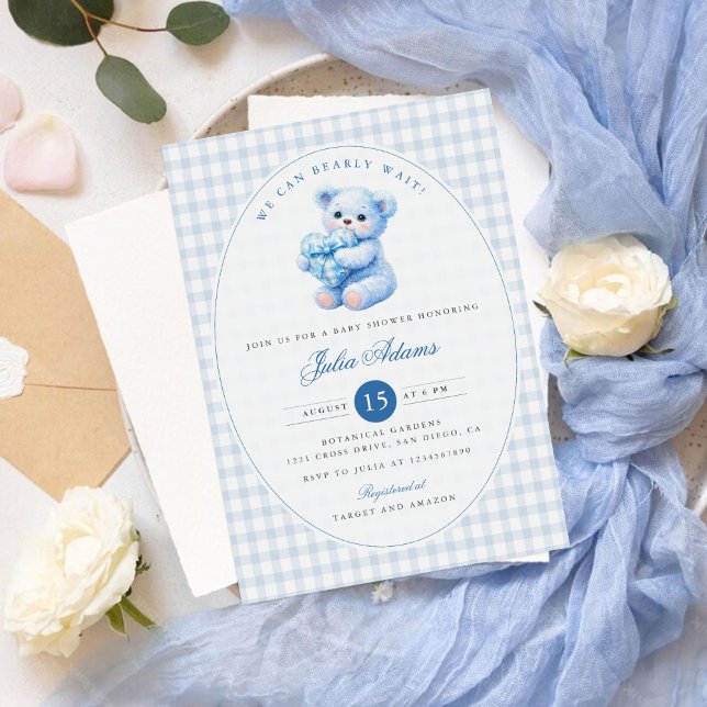 Liten hjärta blå gingham nallebabyshower inbjudningar (Skapare uppladdad)