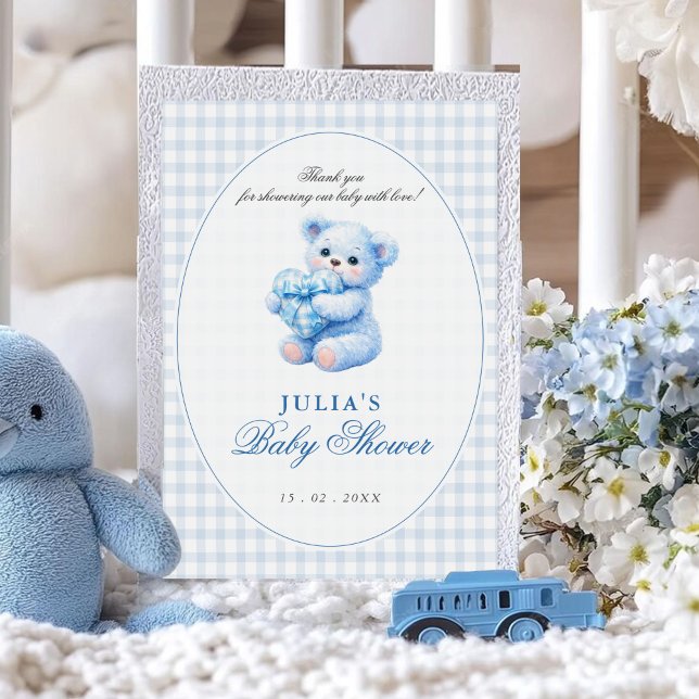 Liten hjärta blå gingham nallebabyshower inbjudningar (Skapare uppladdad)