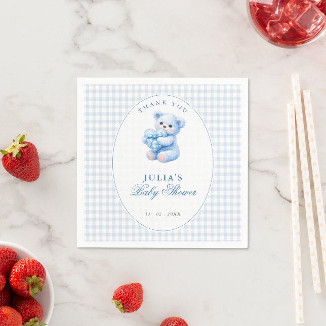 Liten hjärta blå gingham nallebabyshower pappersservett (Insitu)