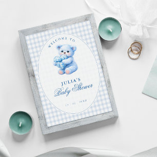 Liten hjärta blå gingham nallebabyshower poster