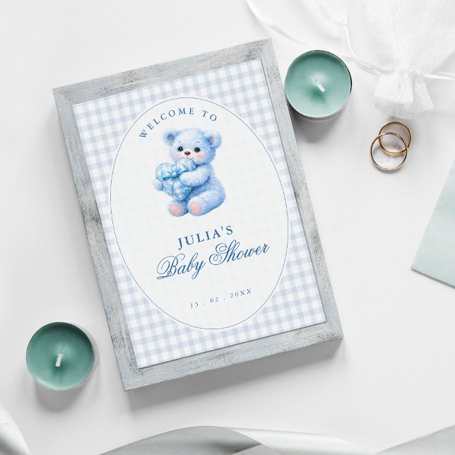 Liten hjärta blå gingham nallebabyshower poster (Skapare uppladdad)