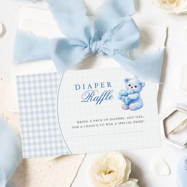 Liten hjärta blå gingham nallebabyshower tilläggskort (Skapare uppladdad)