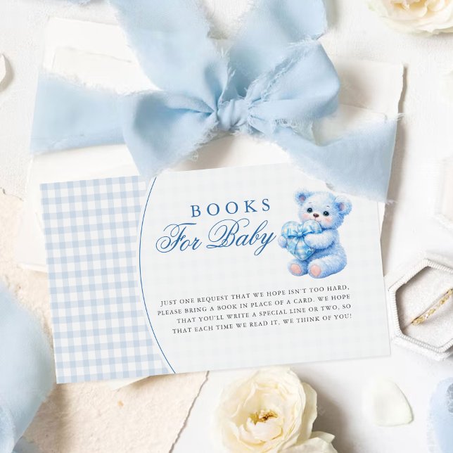Liten hjärta blå gingham nallebabyshower tilläggskort (Skapare uppladdad)