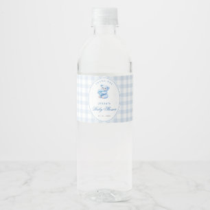 Liten hjärta blå gingham nallebabyshower vattenflaskor etikett