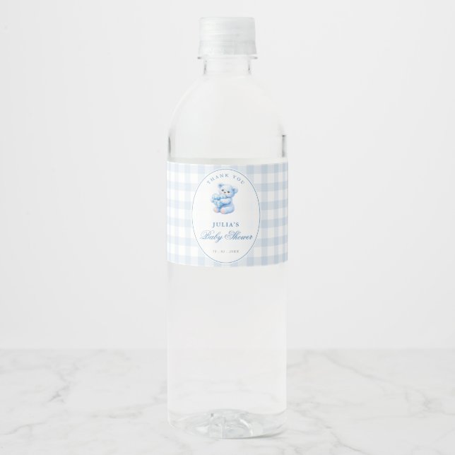 Liten hjärta blå gingham nallebabyshower vattenflaskor etikett (Framsida)